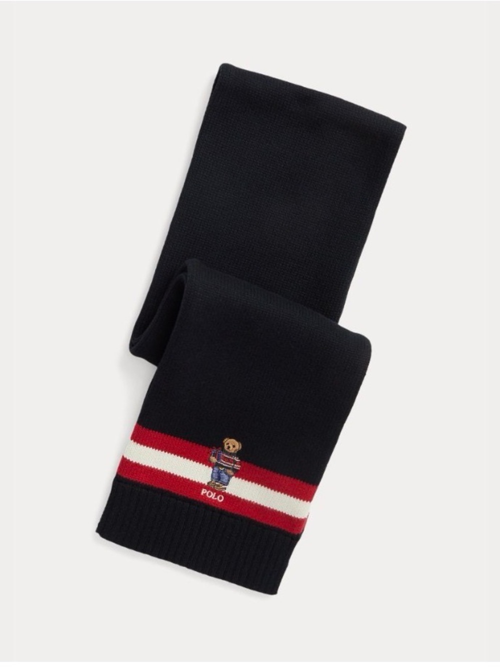 Polo by Ralph Lauren Black Knit Scarf with Polo Bear and Stripes